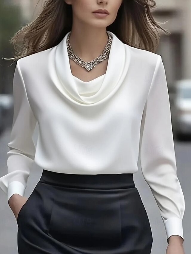 Women's Shirt Elegant Dressy Satin Solid Color Plain Elegant Stylish Long Sleeve Asymmetrical Regular Tops Holiday Going out Ruched Black White Apricot Spring Fall4