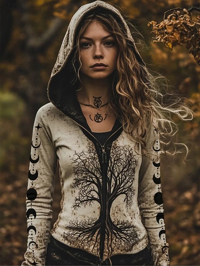 Viking Boho Women's Zip Up Hoodies Graphic Active Vintage Ethnic Long Sleeve Hooded Regular Tops Home Casual Sports Zipper Light Grey Fall Winter2