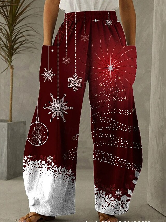 Women's Wide Leg Pants Trousers Vacation Ethnic Style Basic Full Length High WaistPantsUgly Christmas Graphic Snowflake Pocket Elastic Waistband Print Comfy Breathability Inelastic Vacation Casual4