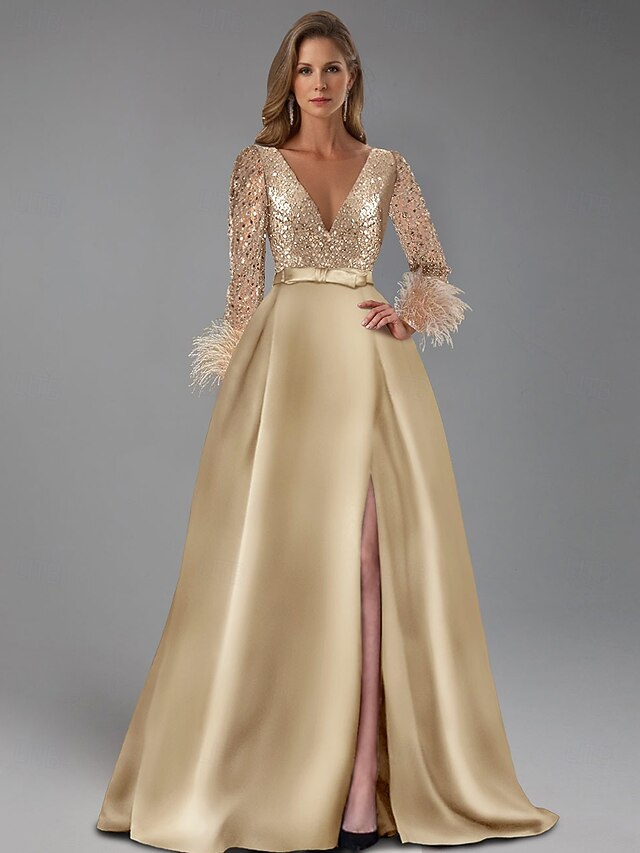 A-Line Evening Gown Elegant Dress Formal Floor Length Long Sleeve V NeckMother Of the Bride Dress Sequined with Feather Glitter4