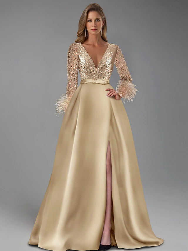 A-Line Evening Gown Elegant Dress Formal Floor Length Long Sleeve V NeckMother Of the Bride Dress Sequined with Feather Glitter4