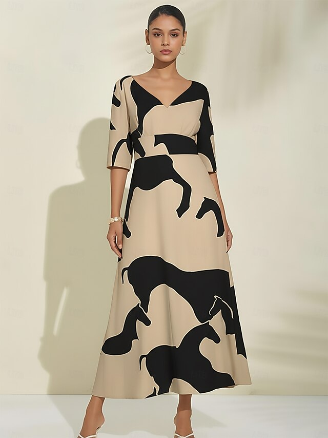 Women's Maxi Dress Satin Abstract Geometric Color Block V Neck Dolman Sleeve Waist Tie Elegant Spring Summer Fall4