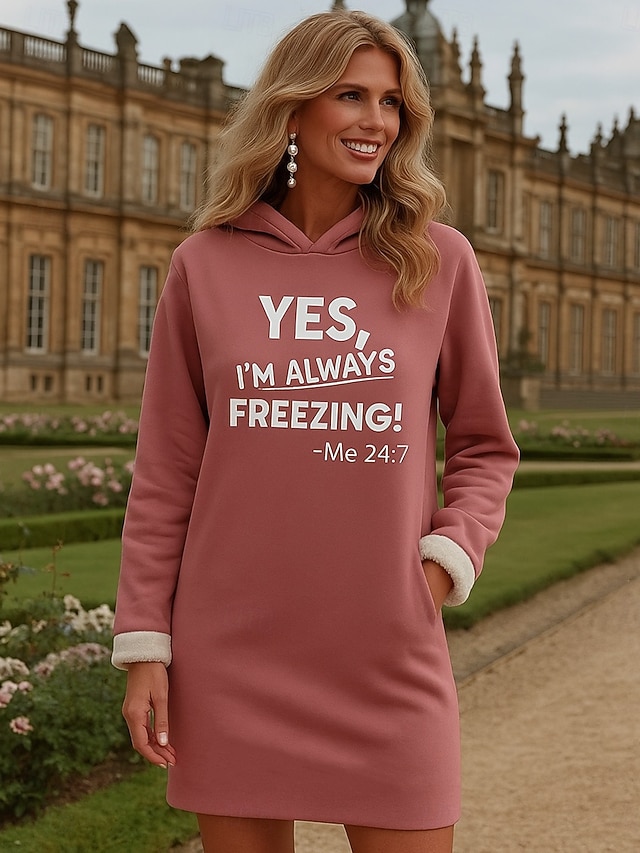 Dames Mini-jurk Hemdjurk Casual Kerstmis Huis Nieuwjaar Normale pasvorm Grafisch Brief Lange mouw Capuchon Blozend Roze Herfst Winter