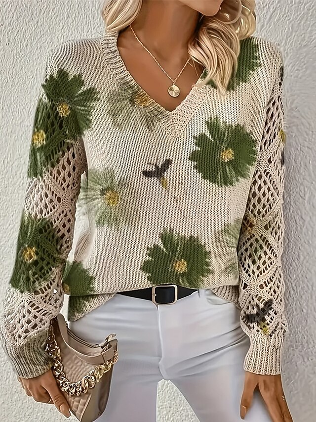Women's Sweater Fashion Basic Casual Floral Ribbed V Neck Floral Knitted Long Sleeve Regular Tops Knit Outdoor Daily Weekend Green Spring Fall4