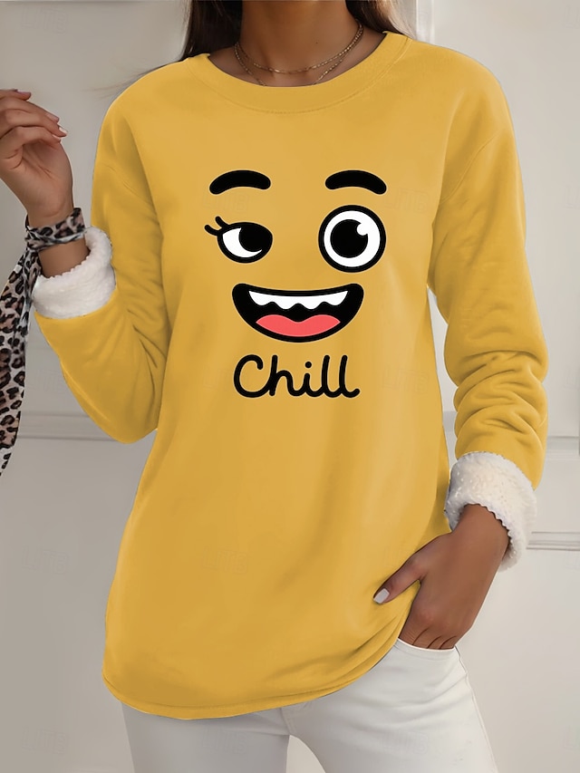  Dámská mikina s potiskem, teplá, ležérní, chlupatá, s dlouhým rukávem, kulatý výstřih, běžné tílko, street casual, žlutá, růžová, tmavě růžová, modrá, šedá, jaro, podzim, zima