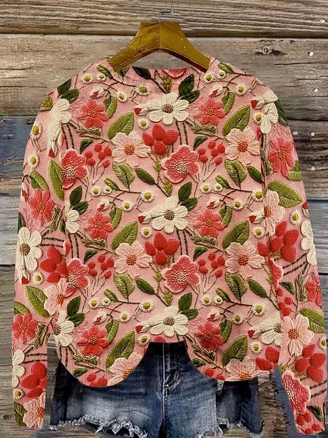 Women's Sweater Elegant Casual Floral Graphic Crew Neck Patchwork Knitted Long Sleeve Regular Tops Knit Work Pink Green Spring Fall2