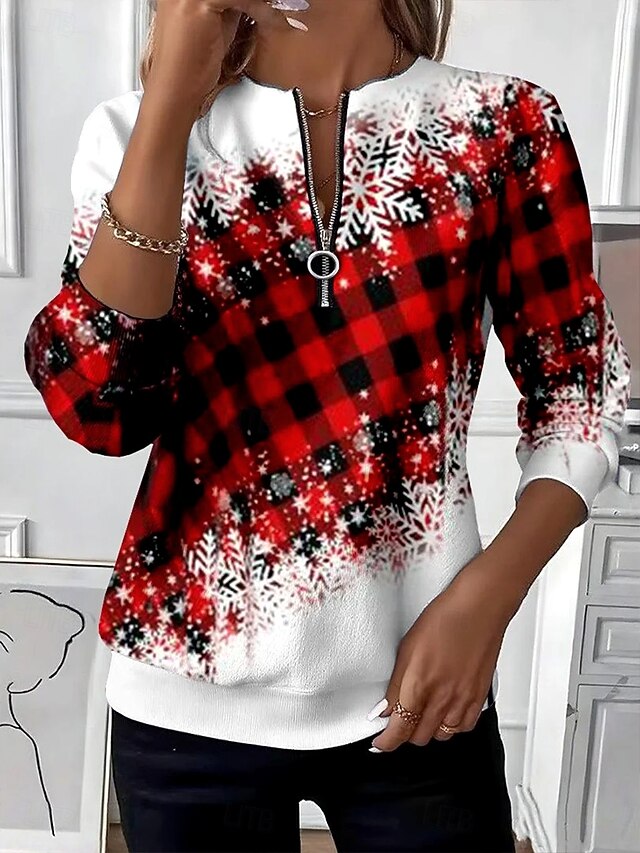 Women's Pullover Sweatshirt Zip Up Sweatshirts Graphic Geometric Plaid Fashion Casual Long Sleeve Crew Neck Regular Tops Street Dailywear Patchwork Zipper Print Red Fall Winter4