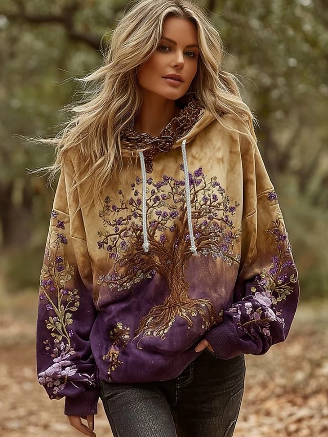  Dame Pullover hettegenser-genser Blomstret Grafisk Elegant Varm Årgang Langermet Med hette Vanlige topper Gate Hverdag Avslappet Lapper Trykt mønster Gul Vår Høst Vinter