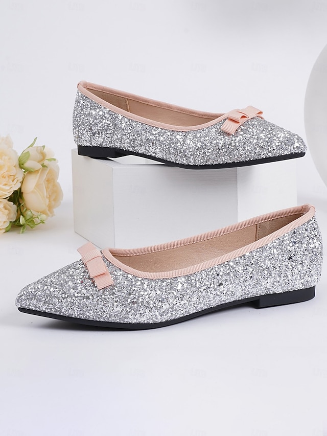  ballerine da donna con punta a punta, glitter argento e fiocco - eleganti scarpe da cocktail per feste e occasioni formali