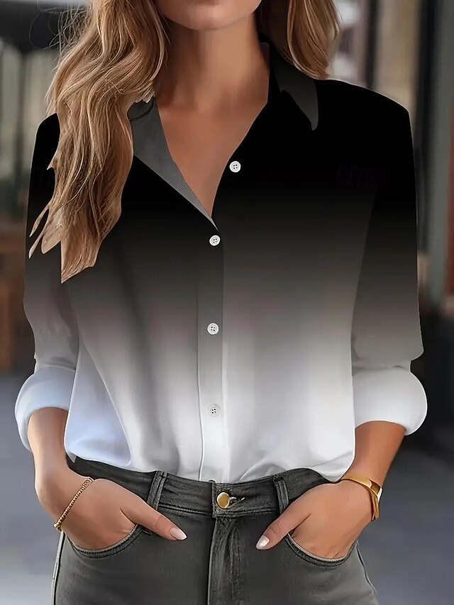 Women's Shirt Ombre Floral Color Gradient Casual Long Sleeve Shirt Collar Regular Tops Work Daily Buttons Print Black Spring Fall Winter Spring, Fall, Winter4