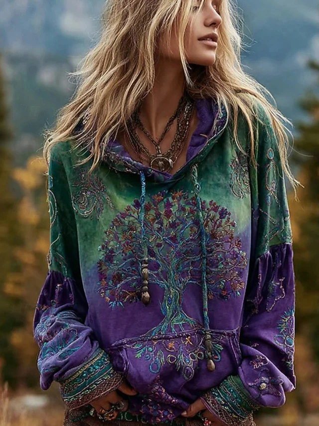 Women's 3D Print Vintage Boho Hoodie Patchwork Hoodie Sweatshirt Floral Viking Pullover Sweatshirt  Casual Long Sleeve Hooded  Street Dailywear Patchwork Print Front Pocket Purple Spring Fall Winter4