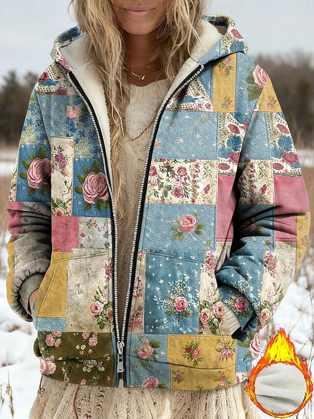 Women's Winter Coat Fleece Jacket Casual Jacket Warm Zipper Pocket Print Fashion Casual Floral Street Casual Regular Hoodie Loose Fit Long Sleeve Outerwear Blue Purple Green Spring Fall4