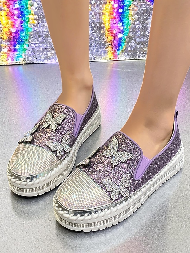  Sneakers slip-on da donna con plateau, glitter viola e design a farfalla in strass - scarpe alla moda per la vita notturna, le feste e le discoteche