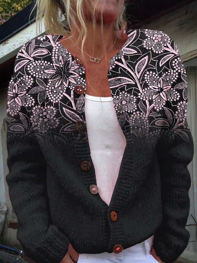 Women's Cardigan Fashion Daily Casual Floral Graphic Ribbed Crew Neck Buttons Print Long Sleeve Regular Tops Knit Outdoor Daily Date Pink Fall Winter4