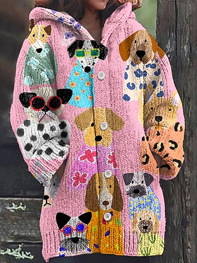  Damen Strickjacke Täglich Lässig Grafik Tiermotiv Gerippt Mit Kapuze Tasche Knöpfe Druck Langarm Normale Oberteile Stricken Outdoor Wochenende Rosa Herbst Winter