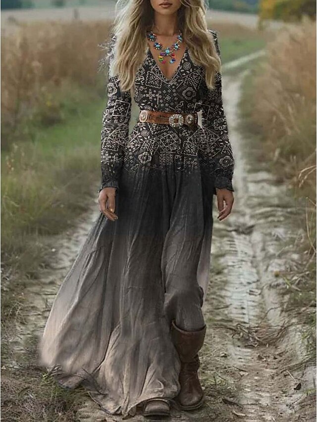 Women's Maxi Dress A Line Dress Pleated Dress Fit And Flare Dress Vacation Casual Boho Date Going out Regular Fit Floral Graphic Geometric Long Sleeve V Neck Light Green Blue Gray Spring Fall Winter4