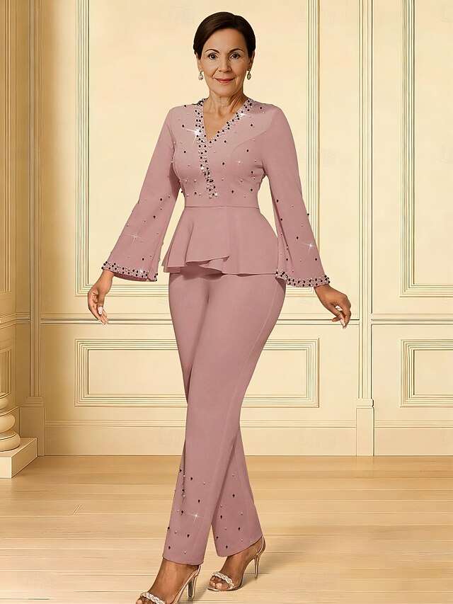 Jumpsuits Mother of the Bride Dress Elegant V Neck Ankle Length Stretch Fabric Long Sleeve with Ruffles4