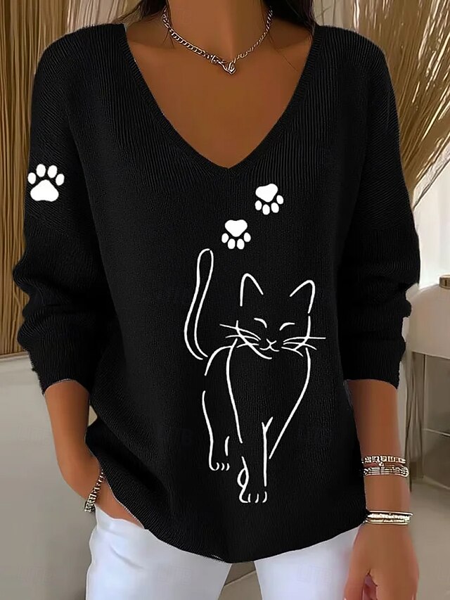 Women's Sweater Pullover Fashion Streetwear Casual Graphic Animal V Neck Oversized Knitted Long Sleeve Regular Tops Knit Outdoor Daily Black Blue Spring Fall4