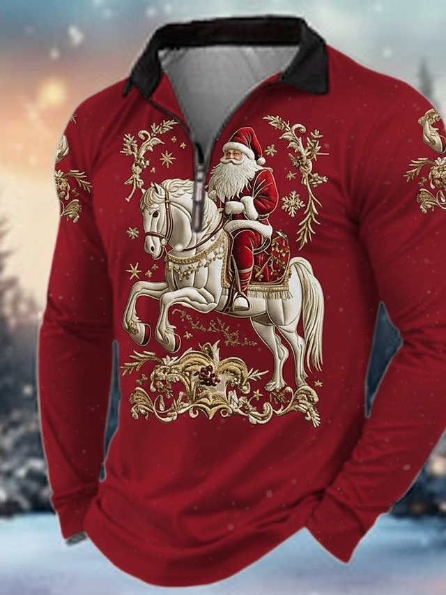  Jul Herre julemanden Polo Langærmet Aftæpning Moderne Fritid Afslappet / Hverdag Festival Lynlås 3D-udskrivning Forår Efterår Vinter Sort Rød