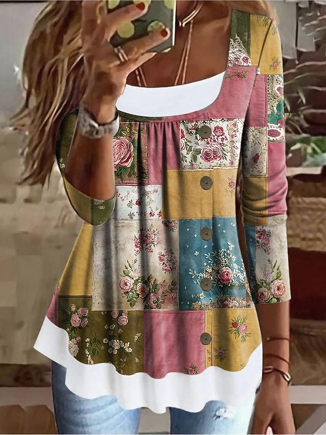  Femmes T-shirt Fleuri Graphique ancien Élégant Classique manche longue Col carré Hauts Longs Quotidien Week-end Patchwork Boutons Imprimé Rouge Bleu Violet Vert Printemps Automne Hiver