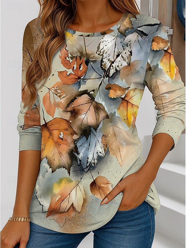 Women's T Shirt Graphic Plants Vintage Stylish Classic Long Sleeve Crew Neck Round Neck Regular Tops Daily Print Light Brown Purple Brown Spring Fall Winter4