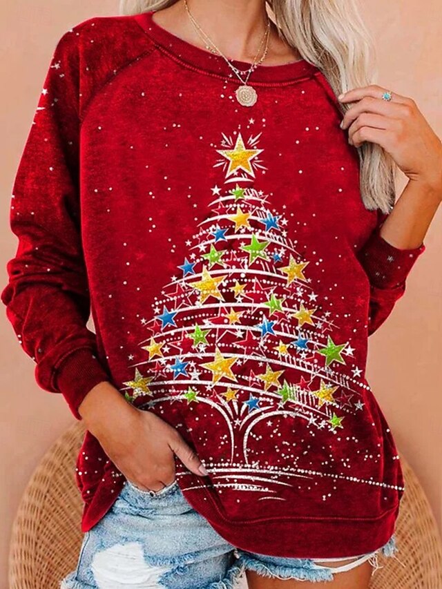 Christmas Women's Pullover Sweatshirt Graphic Christmas Tree Fashion Casual Long Sleeve Crew Neck Regular Tops Street Dailywear Holiday Print Yellow Red Fall Winter3