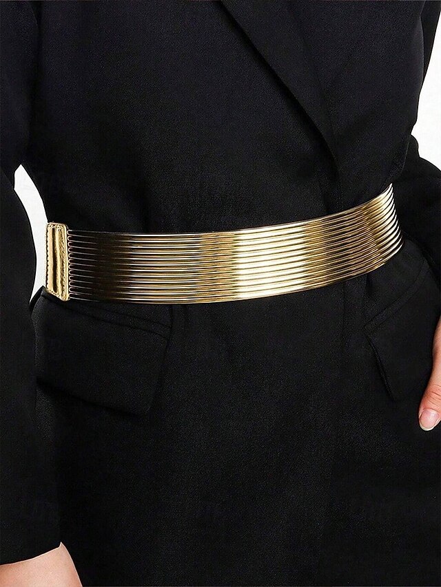  Dambälte i guld, silver och svart - brett metallbälte - elastiskt stretchigt dragsko med tryckknapp, modeaccessoar för klänningar, fester och formella tillfällen