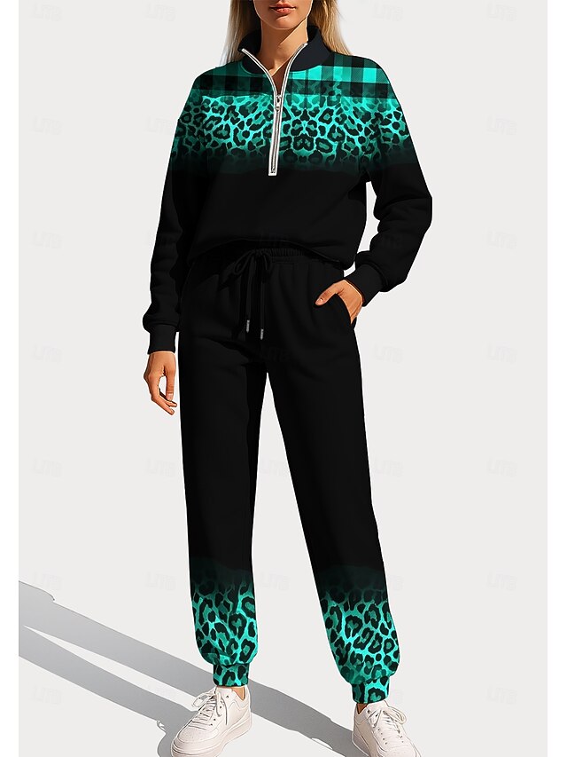 Women's Sweatshirt Tracksuit Sweatsuit Drawstring Zipper Leopard Jacket and Sweatpants Athletic Clothing Set Spring Green Casual Workout Outdoor Soft Baggy Long Sleeve Sport Activewear Micro-elastic4