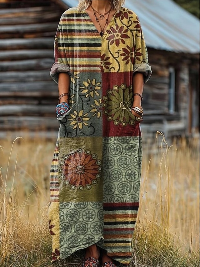  Damen Maxikleid Sommerkleid A Linie Kleid Urlaub Lässig Boho Geburtstag Täglich Ferien Lässiger Schnitt Blumen Langarm V Ausschnitt Marineblau Leicht Braun Blau Violett Frühling Herbst