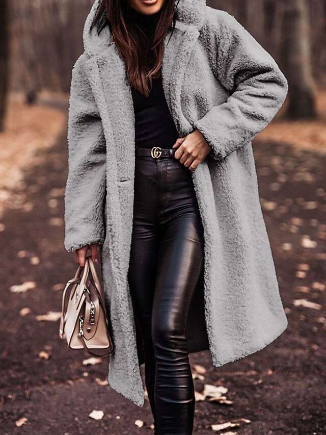 Women's Winter Coat Fleece Jacket Warm Comfortable Pocket Buttons Open Front Fashion Casual Plain Vacation Street Casual Daily Wear Single Breasted Long Hooded Regular Fit Long Sleeve Outerwear Gray4