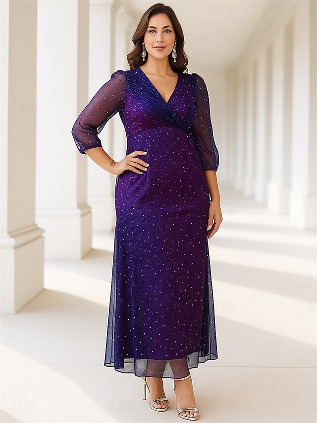  Linia -A Rochie Mama Miresei Plus Size Strălucitor & Sclipitor În V Lungime Gleznă Poliester Lungime Manșon 3/4 cu Culoare solida