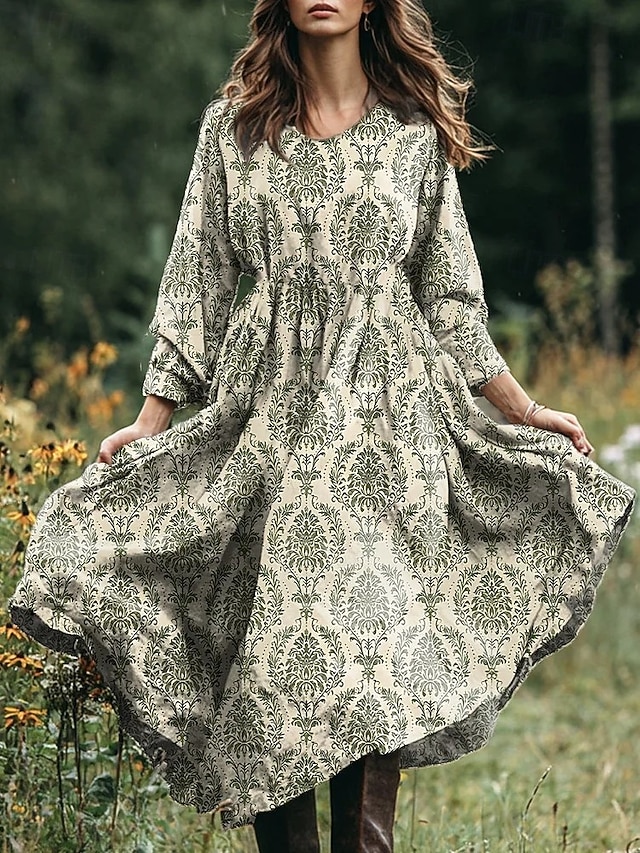  Pasqua Per donna Abito Midi Abito a trapezio Vacanza Casual Boho Spiaggia Vestibilità comoda Floreale Grafico Paisley Manica Lunga Scollo a V Rosa Blu Viola Verde Primavera Autunno Inverno