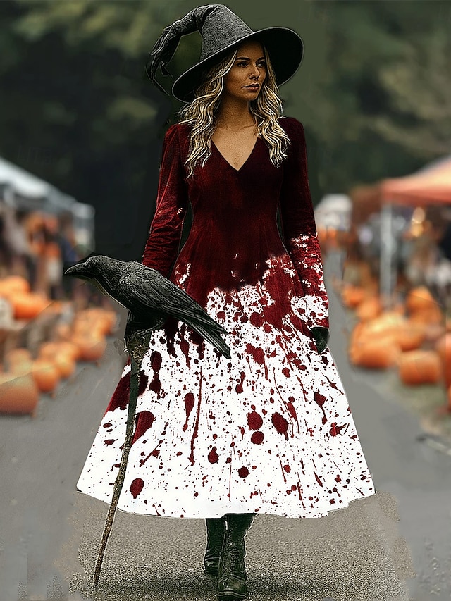  Halloween Women's Midi Dress A Line Dress Vacation Casual Boho Beach Regular Fit Graphic Abstract Long Sleeve V Neck White Dark Red Wine Brown Spring Fall Winter