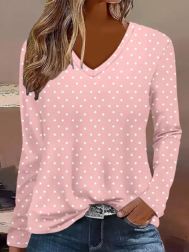 Women's T Shirt Graphic Geometric Polka Dot Vintage Stylish Classic Long Sleeve V Neck Regular Tops Daily Print Pink Spring Fall Winter4