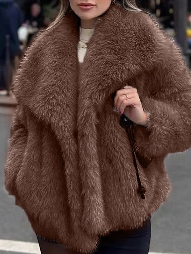 Women's Faux Fur Coat Warm Comfortable Furs & Leathers Casual Plain Street Holiday Going out Weekend Regular Turndown Regular Fit Long Sleeve Outerwear Coffee Fall Winter4