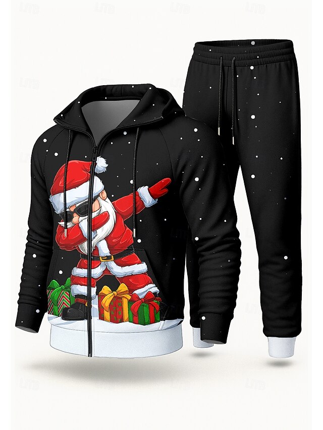 Christmas Men's Hoodie Tracksuit 2 Piece Tracksuit Drawstring Zip Up Clothing Suit Fall Black Vocation Outdoor Travel Lightweight Fashion Long Sleeve Sport Activewear Stretchy Regular Fit4