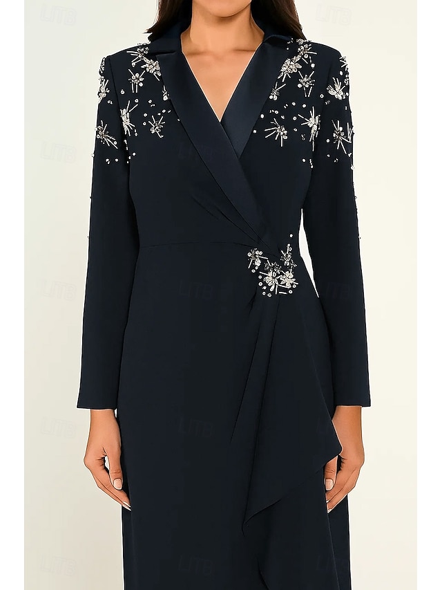  Rochie smoking cu imprimeu floral, tip coloană, cu cristale, model formal, pentru invitați de nuntă, rever din satin, crep elastic, mânecă lungă, guler cu rever crăpat și volane