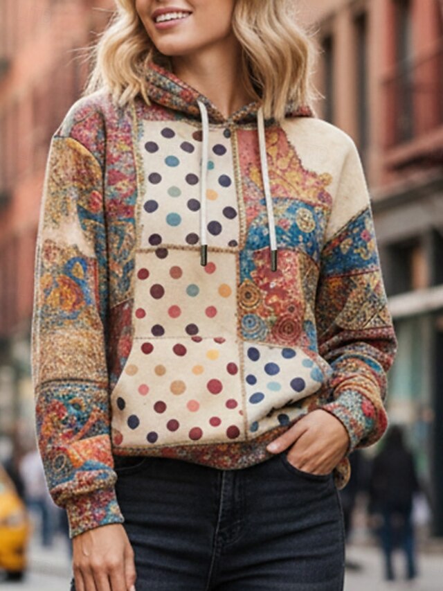 Women's Pullover Hoodies Plaid Polka Dot Fashion Streetwear Casual Long Sleeve Hooded Regular Tops Dailywear Casual Sports Drawstring Pocket Print Khaki Spring Fall4