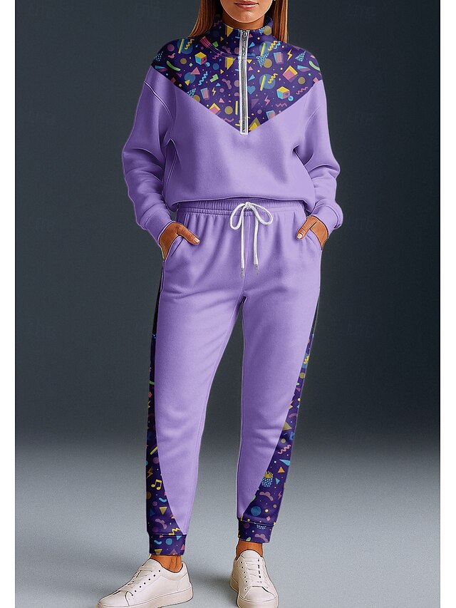 Women's Sweatshirt Tracksuit 2 Piece Tracksuit Baggy Geometric Clothing Suit Fall Purple Vocation Outdoor Travel Lightweight Fashion Long Sleeve Sport Activewear Stretchy Regular Fit4