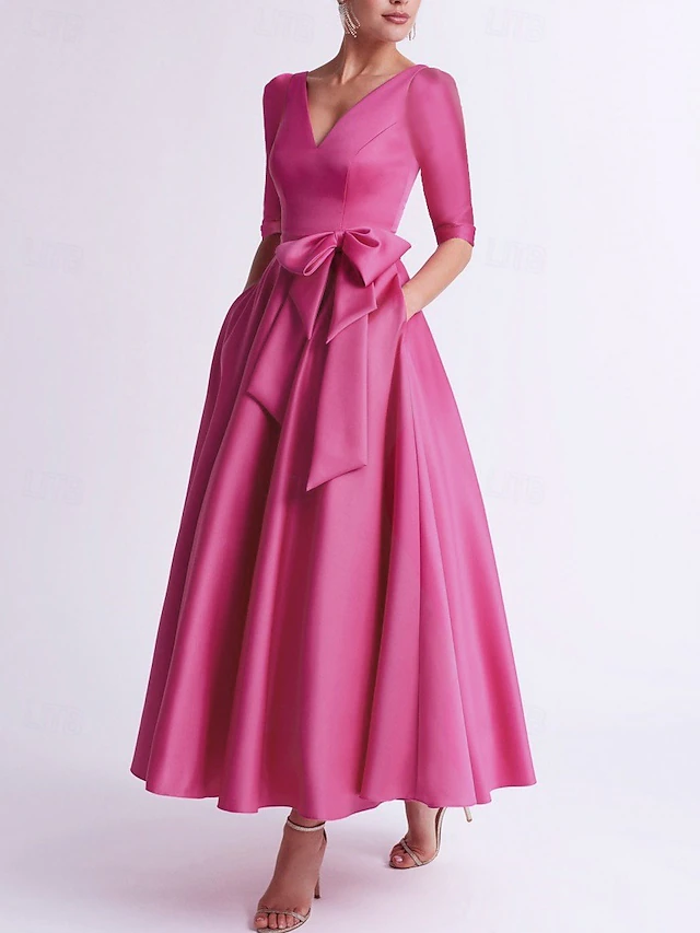 A-Line Cocktail Dresses Elegant Dress Wedding Guest Tea Length 3/4 Length Sleeve V Neck Pocket Satin with Bow(s) Dresses 9