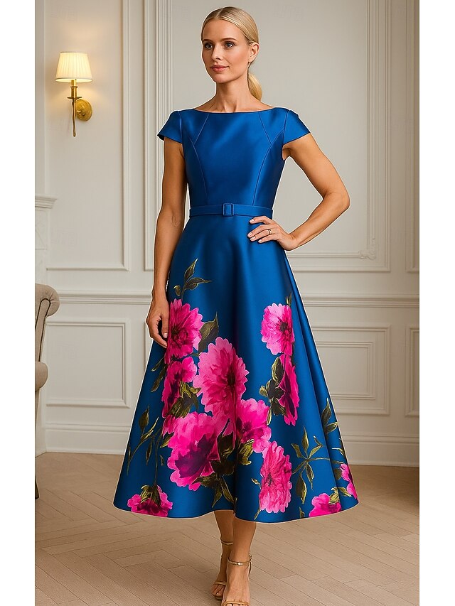 A-Line Cocktail Dresses High Split Dress Formal Wedding Guest Ankle Length Short Sleeve Jewel Neck Pocket Satin with Floral Print Pocket Derby Dresses Wedding Guest Dress4