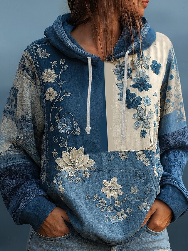 Women's Pullover Hoodie Sweatshirt Floral Graphic Punk Active Vintage Long Sleeve Hooded Regular Tops Street Dailywear Patchwork Print Front Pocket Blue Summer Spring Fall Winter2