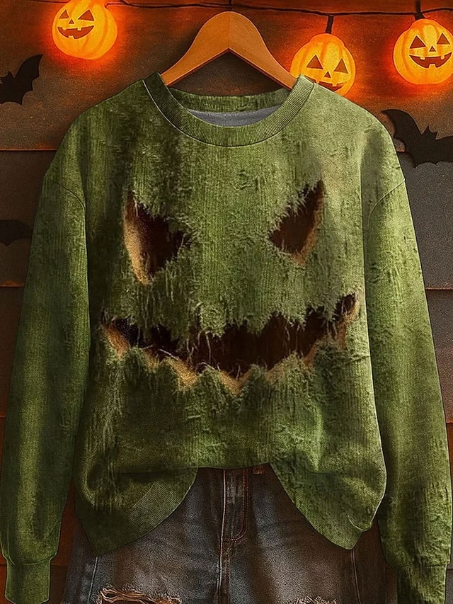  Halloween Kvinners Pullover Monster Grafikk Casual Langermet Crew Neck Regular Topper Gate Dagligbruk Casual Print Lilla Grønn Khaki Grå Høst Vinter