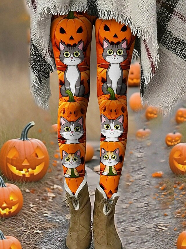 Women's Pants Trousers Leggings Cozy Leggings Streetwear Casual Full Length High WaistPantsHalloween Cat Pumpkin Elastic Waist Print Breathability Comfortable Stretchy Vacation Street Daily Wear4