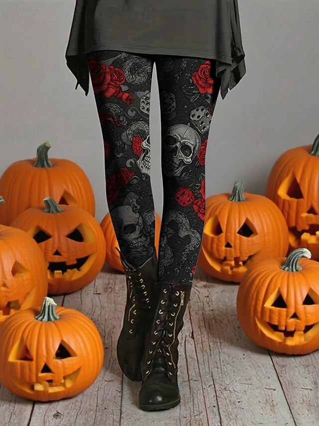 Women's Pants Trousers Leggings Cozy Leggings Streetwear Casual Full Length High WaistPantsHalloween Skull Rose Elastic Waist Print Breathability Comfortable Stretchy Vacation Street Daily Wear Dark4