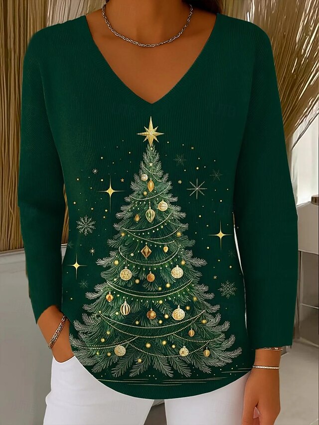 Women's Sweater Pullover Fashion Streetwear Casual Graphic Christmas Tree V Neck Oversized Knitted Long Sleeve Regular Tops Knit Outdoor Daily Green Spring Fall4