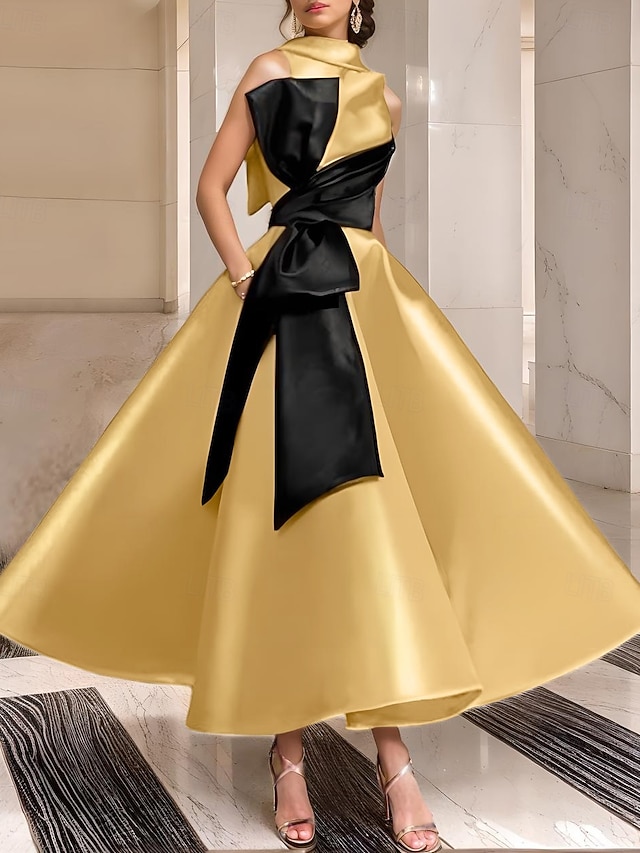  Vestidos de Coquetel A-Line Pretos e Dourados Vestido Elegante Formal Casamento Comprimento Até o Tornozelo Sem Mangas Gola Redonda Com Bolso Cetim com Laço(s) Strass