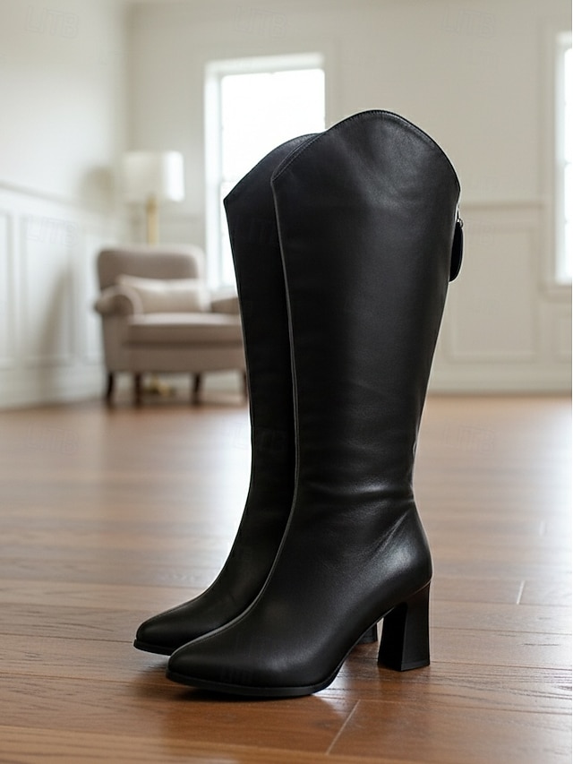  Botas negras hasta la rodilla para mujer con cremallera lateral: calzado urbano informal y elegante para uso diario.