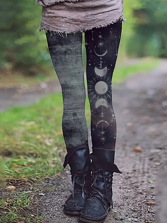 Women's Leggings Cozy Leggings Ethnic Style Basic Casual Full Length High Waist Moon Printing Thermal Warm Comfortable Stretchy Casual Daily Holiday Black Fall Winter Slim Fit4