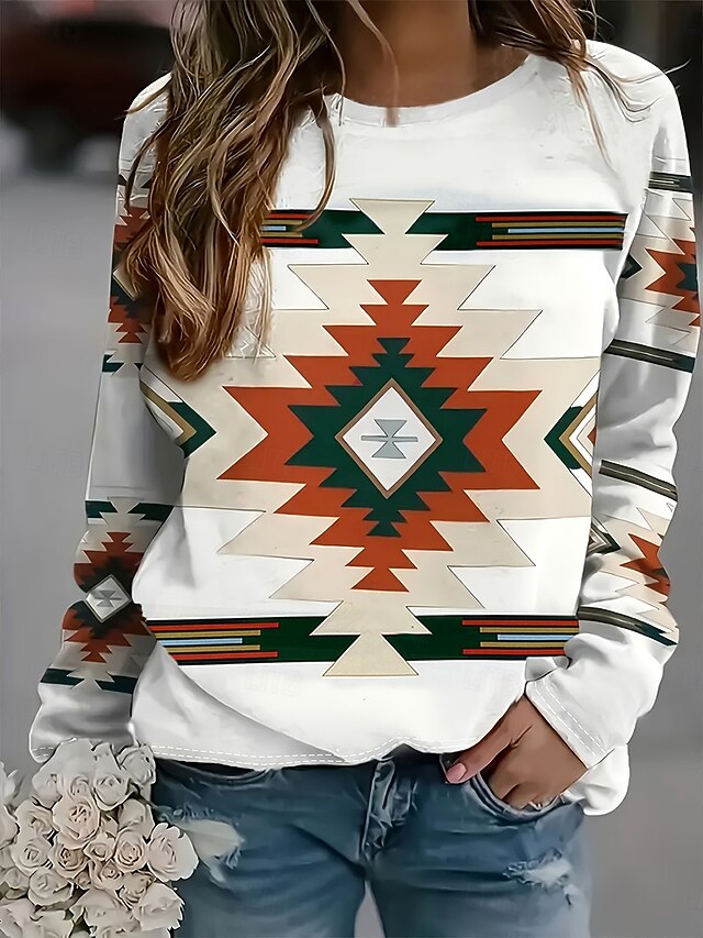 Women's Tunic Graphic Geometric Tribal Vintage Fashion Stylish Long Sleeve Crew Neck Round Neck Regular Tops Daily Print White Spring Fall Winter4